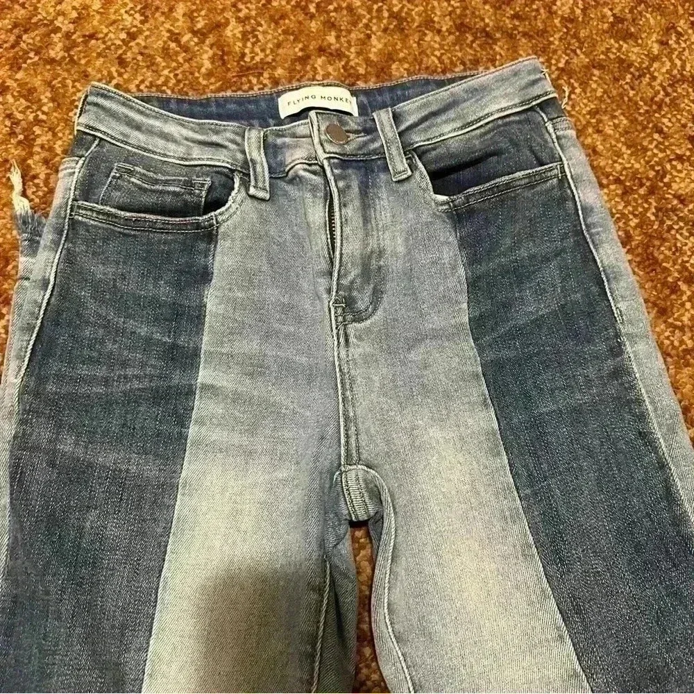 Flying Monkey sz 26 two tone color block jean frayed hem high waist best seller